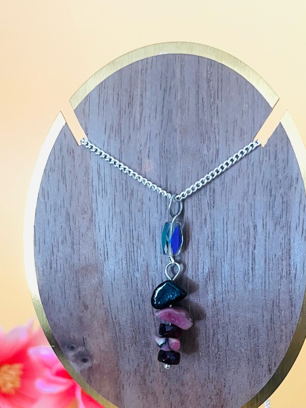 Sterling Silver Pink and Black Stone Pendant Necklace